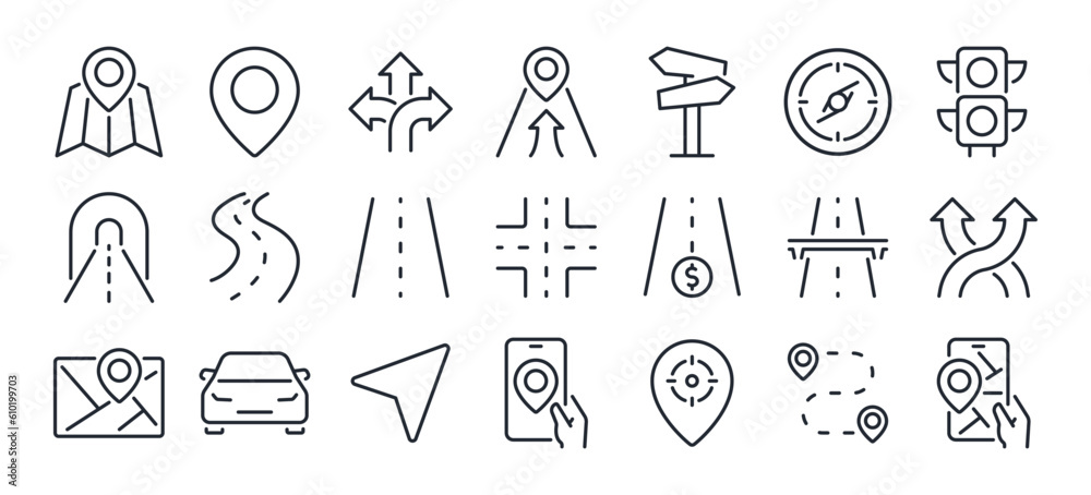 Navigation and roads related editable stroke outline icons set isolated on white background flat vector illustration. Pixel perfect. 64 x 64. Navigation and roads related editable stroke outline icons set isolated on white background flat vector illustration. Pixel perfect. 64 x 64.