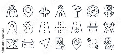 Fotografiet Navigation and roads related editable stroke outline icons set isolated on white background flat vector illustration
