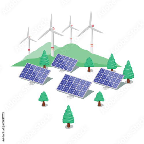 Solar panels and wind turbines, Smart future renewable green power. Clean sustainable electricity. Electric solar panel windmill alternative sources of energy