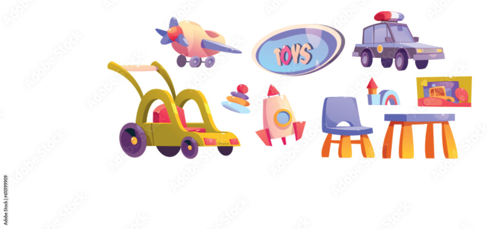 Fototapeta premium Car in toy store game icon cartoon illustration. Isolated baby shop interior with plastic rocket, chair, table and airplane. Kindergarten or preschool goods clipart graphic childhood shopping element