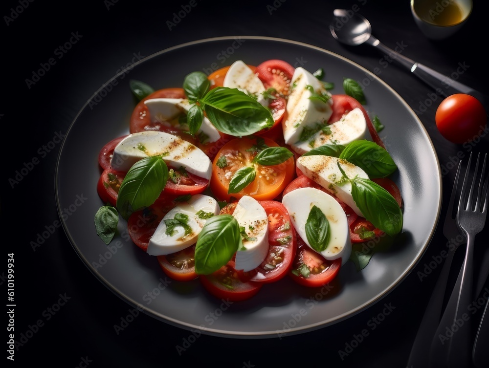 tomato, mozzarella, and basil caprese salad on a plate tomato, mozzarella, and basil caprese salad on a plate