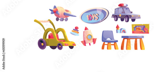 Car in toy store game icon cartoon illustration. Isolated baby shop interior with plastic rocket, chair, table and airplane. Kindergarten or preschool goods clipart graphic childhood shopping element