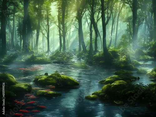 Forest in glare of sunlight with red fish  Generative AI Illustration