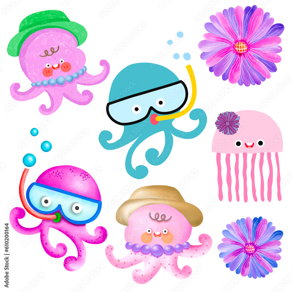 Fototapeta premium Various pattern marine life sed food marine mammal squid fish marine products