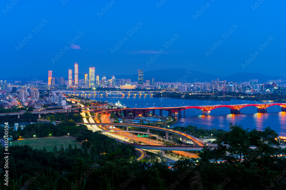 Night view of Seoul Han River and downtown