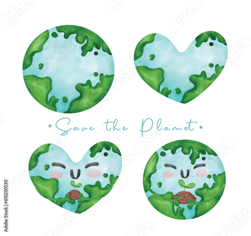 Eco friendly, group of world green earth icon heart shape and round shape, save our planet, save energy, watercolor painting