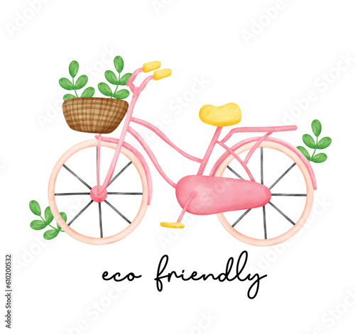 Eco environment friendly pink bicycle symbol, save energy watercolor painting