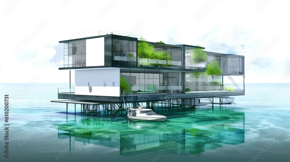 Floating building project concept. Innovative architectural design principles to address challenges of space and environmental concerns, introducing a new perspective on urban planning. Generative AI Floating building project concept. Innovative architectural design principles to address challenges of space and environmental concerns, introducing a new perspective on urban planning. Generative AI
