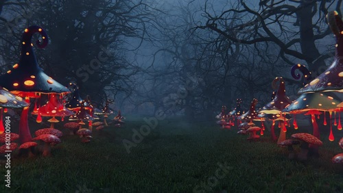 Magical forest with glowing mushrooms. Slow zoom in animation with a space to add some content.