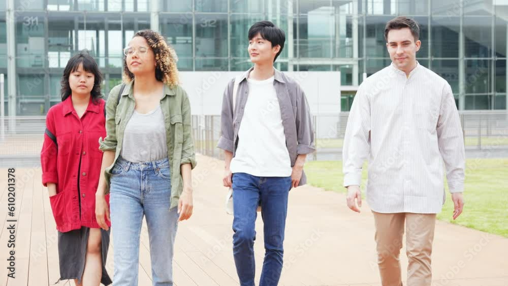 Multinational youth group walking in college campus. College students. Multinational youth group walking in college campus. College students.
