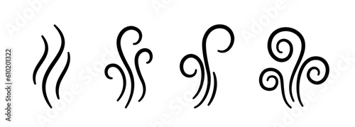 Doodle smoke icons set. Water steam symbols. Hand drawn hot vapors. Line air smell symbols. Doodle fire smoke icons. Vector illustration isolated on white background.