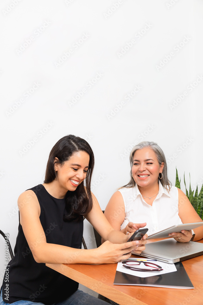 Two latin business women working and reviewing business over the internet Two latin business women working and reviewing business over the internet