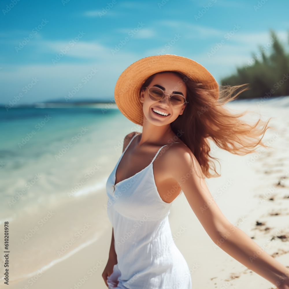 Happy young woman on a tropical beach looking happy and joyful. Summer vacation, travel and happiness. Shallow field of view. Illustrative Generative AI. Not a real person 