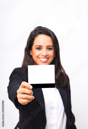Latin business woman smiling with copyspace