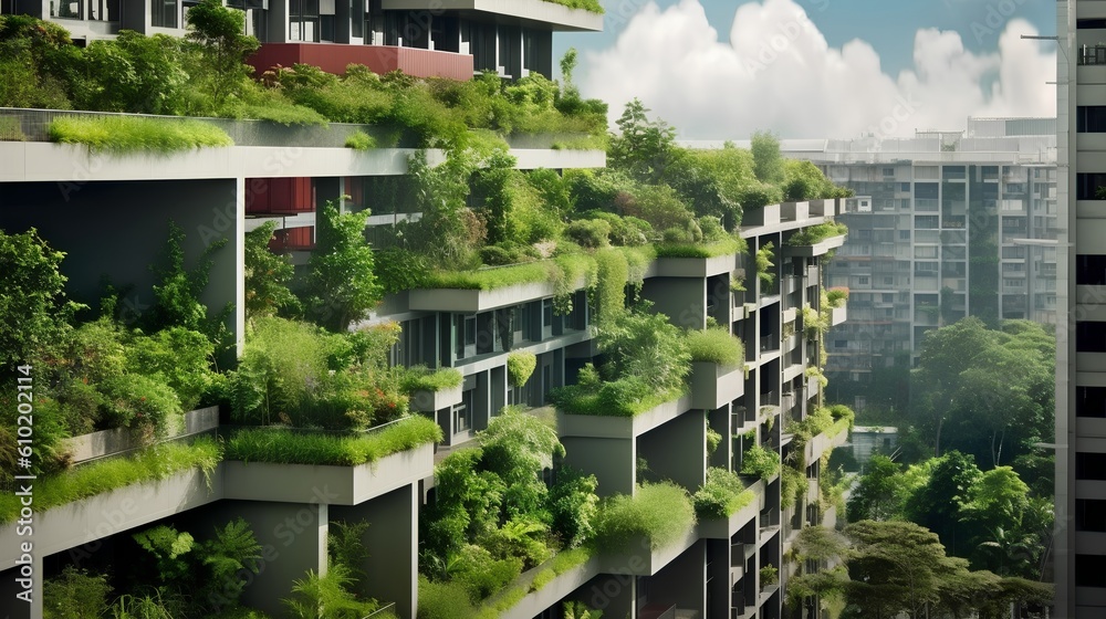 Biophilic urbanism concept, showcasing the integration of natural elements within urban environments. The necessity of creating sustainable, green spaces amidst urban development. Generative AI