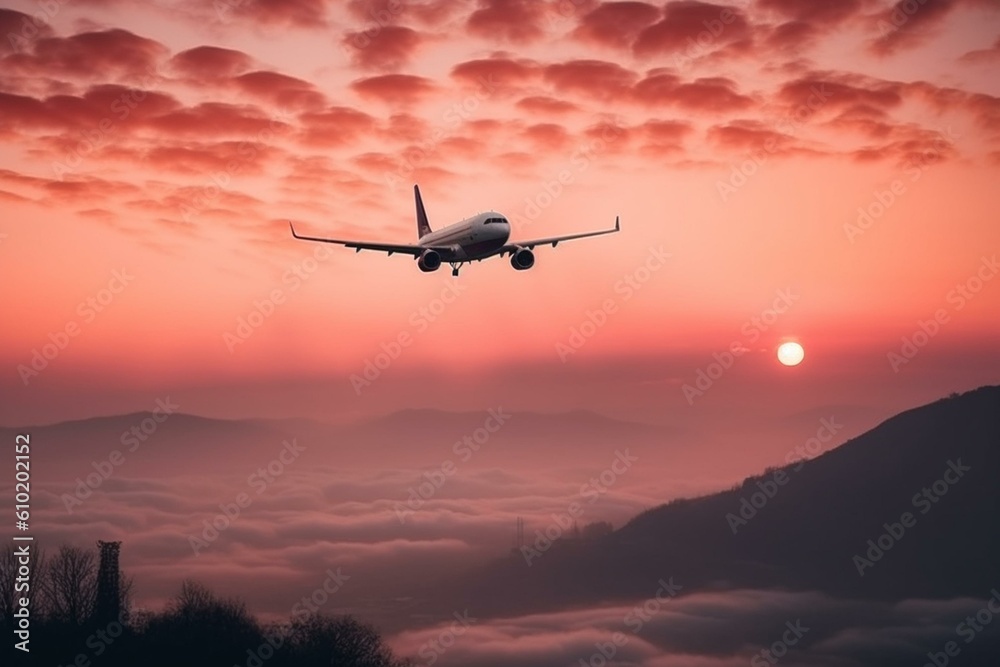airplane in the pink sky, scenic view Generative AI airplane in the pink sky, scenic view Generative AI