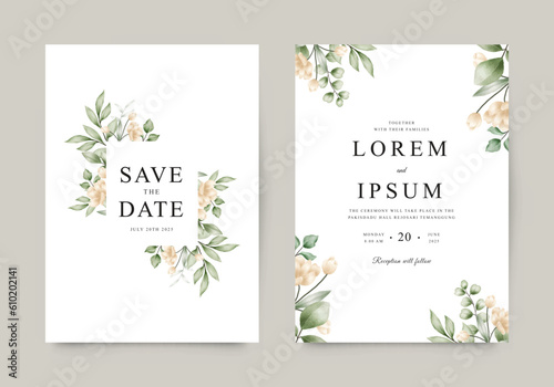 Beautiful wedding invitation template with yellow flowers and green leaves