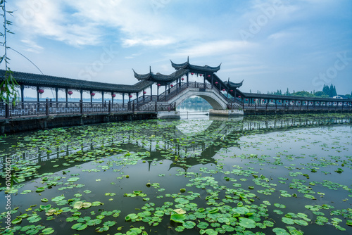 traditional Chinese bridge over lake with lotus leaves