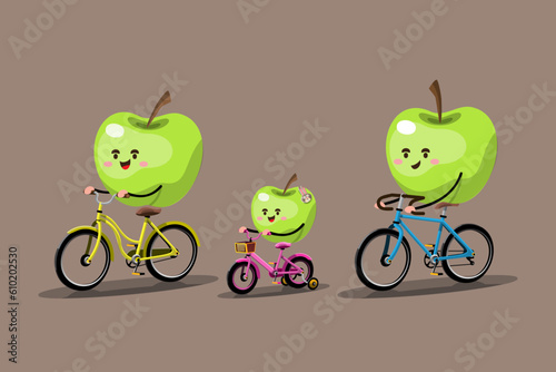 Healthy relaxation time concept. Apple family rides a bicycle to relax after a hard day's work.