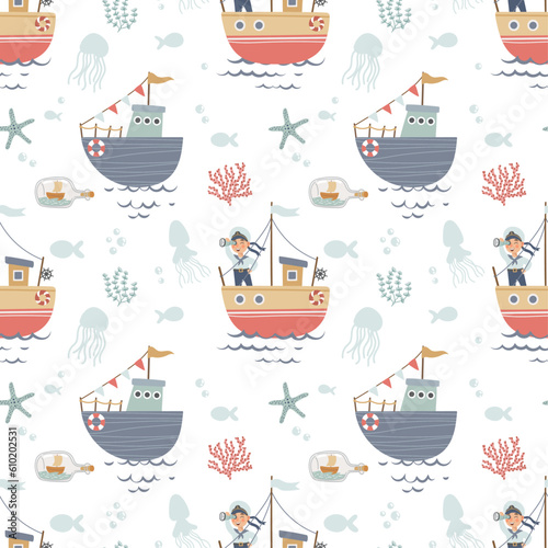 Seamless background with cute underwater inhabitants and a ship. Creative children's background. Ideal for baby clothes, fabrics, textiles, baby decorations, wrapping paper. Vector illustration