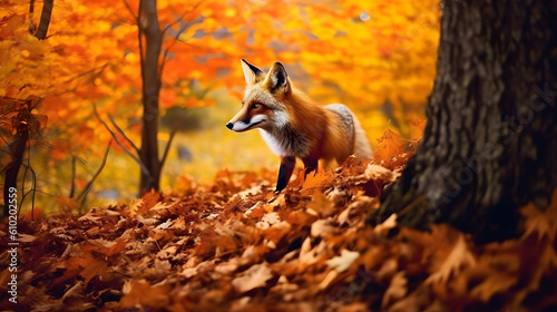 A witty and clever fox outsmarting its adversaries in a forest filled with vibrant autumn foliage