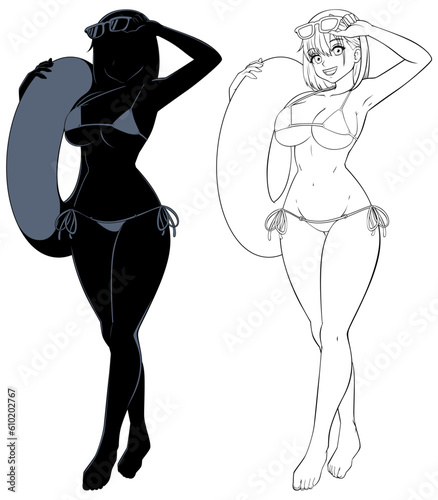 Anime Beach Girl Line Art and Silhouette