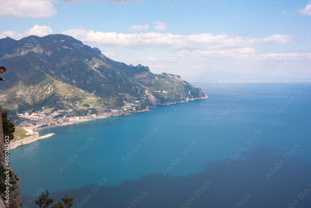 Panoramic view of Amalfi sea coast in Italy. Mediterranean coastal landscape