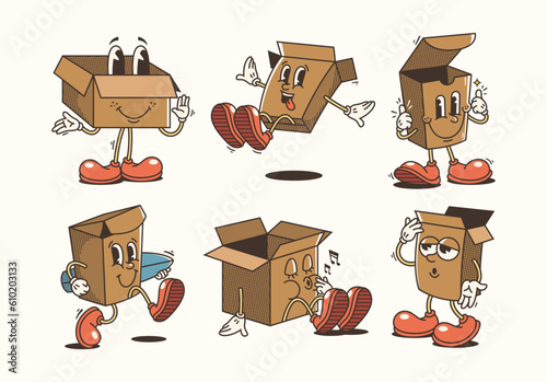 Set of Traditional Cartoon cardboard boxes Illustration with Varied Poses and Expressions