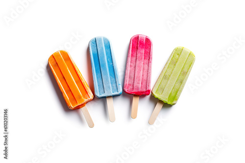 Assortment of cold summer popsicles isolated on a white background. Created with Generative AI Technology