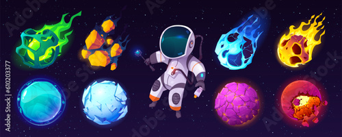 Planet and astronaut cartoon game illustration set. Fantasy world ui icon pack for magic galaxy universe. Childish spaceman character with smartphone take cosmic selfie near meteor and rock sphere.