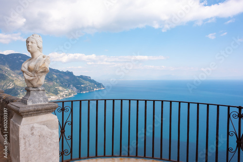 Ravello, Italy. Terrace of villa Cimbrone with marble statues over sea overlooking Amalfi coast photo