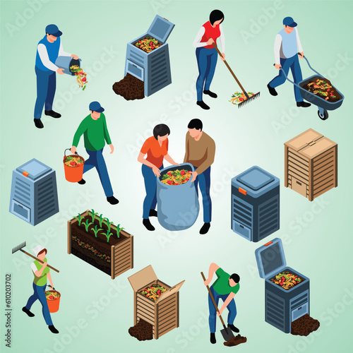 isometric set people making using compost 3d isolated vector illustration
