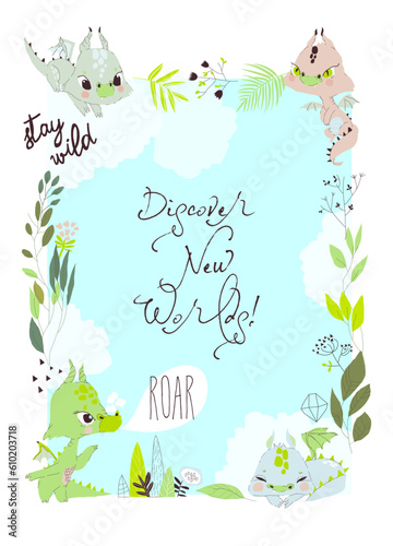 Cute Cartoon Frame with Colorful Little Dragons and Plants