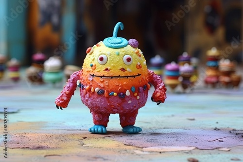 Giant single macaroon monster walking alone in macaroon land illustration generative ai photo