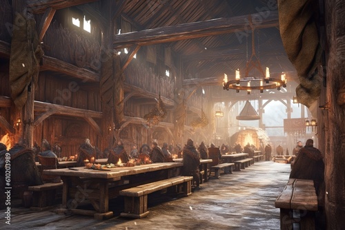 Photo Rustic Viking feast hall, where long wooden tables are laden with roasted meats,