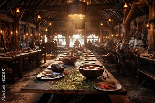 Rustic Viking feast hall, where long wooden tables are laden with roasted meats, hearty stews, and flagons of mead illustration generative ai photo