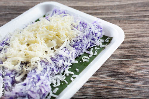 A closeup view of a plate of puto bumbong. photo