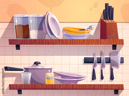 Kitchen shelf with cooking tool vector interior illustration. Bowl, glass, cutlery and knife arrange on kitchenware shelves at home. Rustic stylish furnished household design for cafe or restaurant