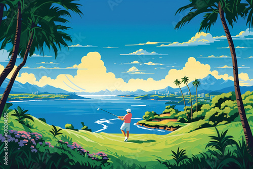 A bright, eye-catching illustration of a golfer perfectly captured in mid-swing on a lush, tropical golf course. The ocean and clear blue sky in the background add to the stunning vista.