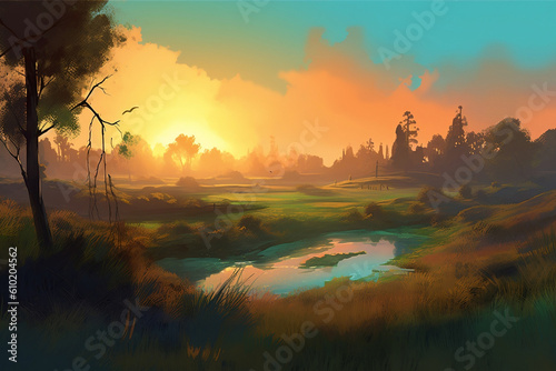  A captivating digital painting displaying an early morning at the golf course. The dew-kissed grass and the hint of sunrise create a serene and fresh atmosphere.