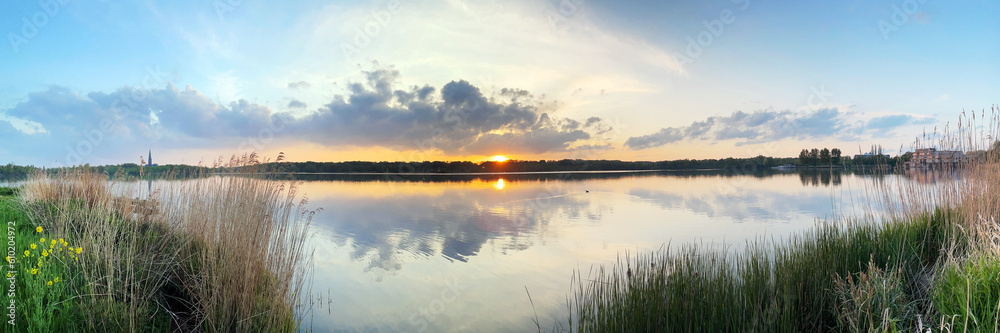 Lake De Poel in the Bos in Amstelveen near Amsterdam at sunset