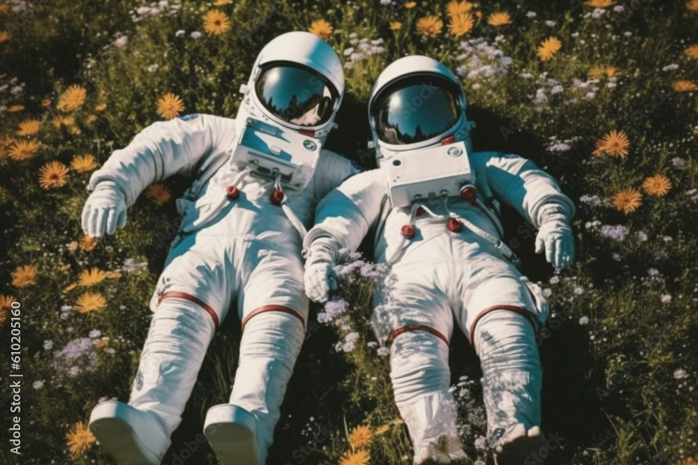 astronauts laying on the grass with flowers, romantic atmosphere Generative AI astronauts laying on the grass with flowers, romantic atmosphere Generative AI
