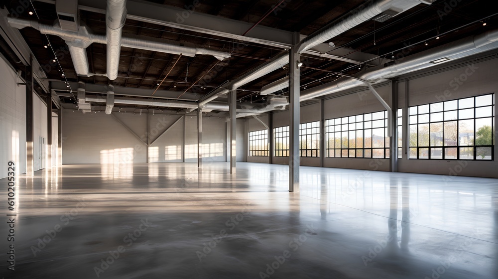 Empty industrial space interior. Open, unoccupied space and minimalistic aesthetic, it symbolizes potential for creativity and transformation within the realm of industrial design. Generative AI