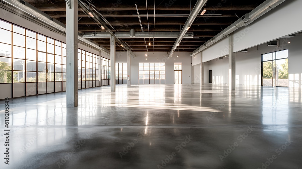 Empty industrial space interior. Open, unoccupied space and minimalistic aesthetic, it symbolizes potential for creativity and transformation within the realm of industrial design. Generative AI