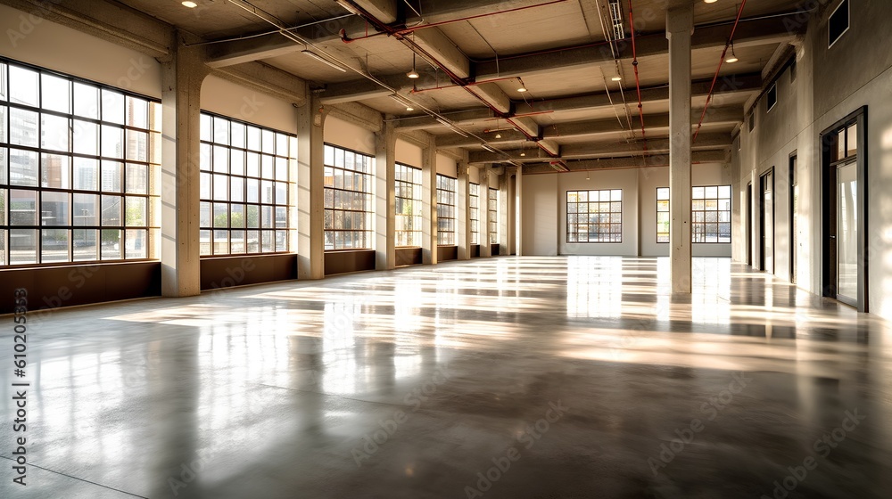 Empty industrial space interior. Open, unoccupied space and minimalistic aesthetic, it symbolizes potential for creativity and transformation within the realm of industrial design. Generative AI