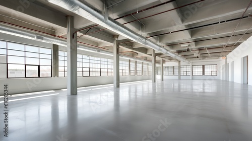 Empty industrial space interior. Open  unoccupied space and minimalistic aesthetic  it symbolizes potential for creativity and transformation within the realm of industrial design. Generative AI