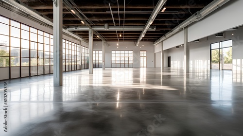 Empty industrial space interior. Open, unoccupied space and minimalistic aesthetic, it symbolizes potential for creativity and transformation within the realm of industrial design. Generative AI