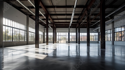 Empty industrial space interior. Open, unoccupied space and minimalistic aesthetic, it symbolizes potential for creativity and transformation within the realm of industrial design. Generative AI