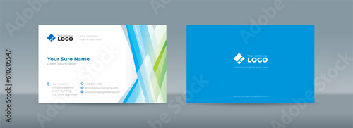 Double sided business card templates with illustrations of randomly stacked transparent blue-green triangles on a blue-white background