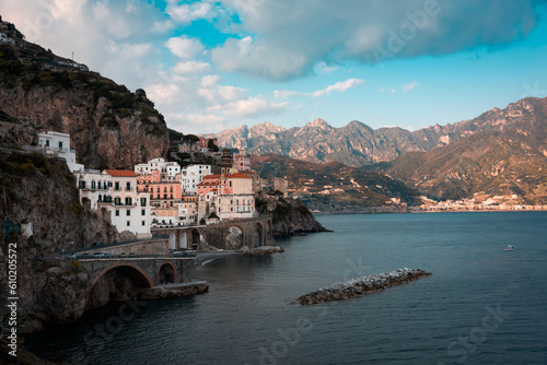 Amalfi coast in italy, small town of Atrani on rocky coast